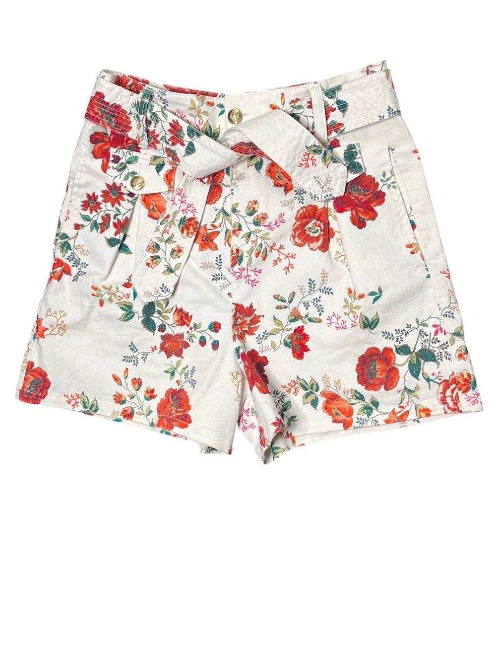 Maje Iflor White Red Floral High Waisted Belted Shorts FR 38